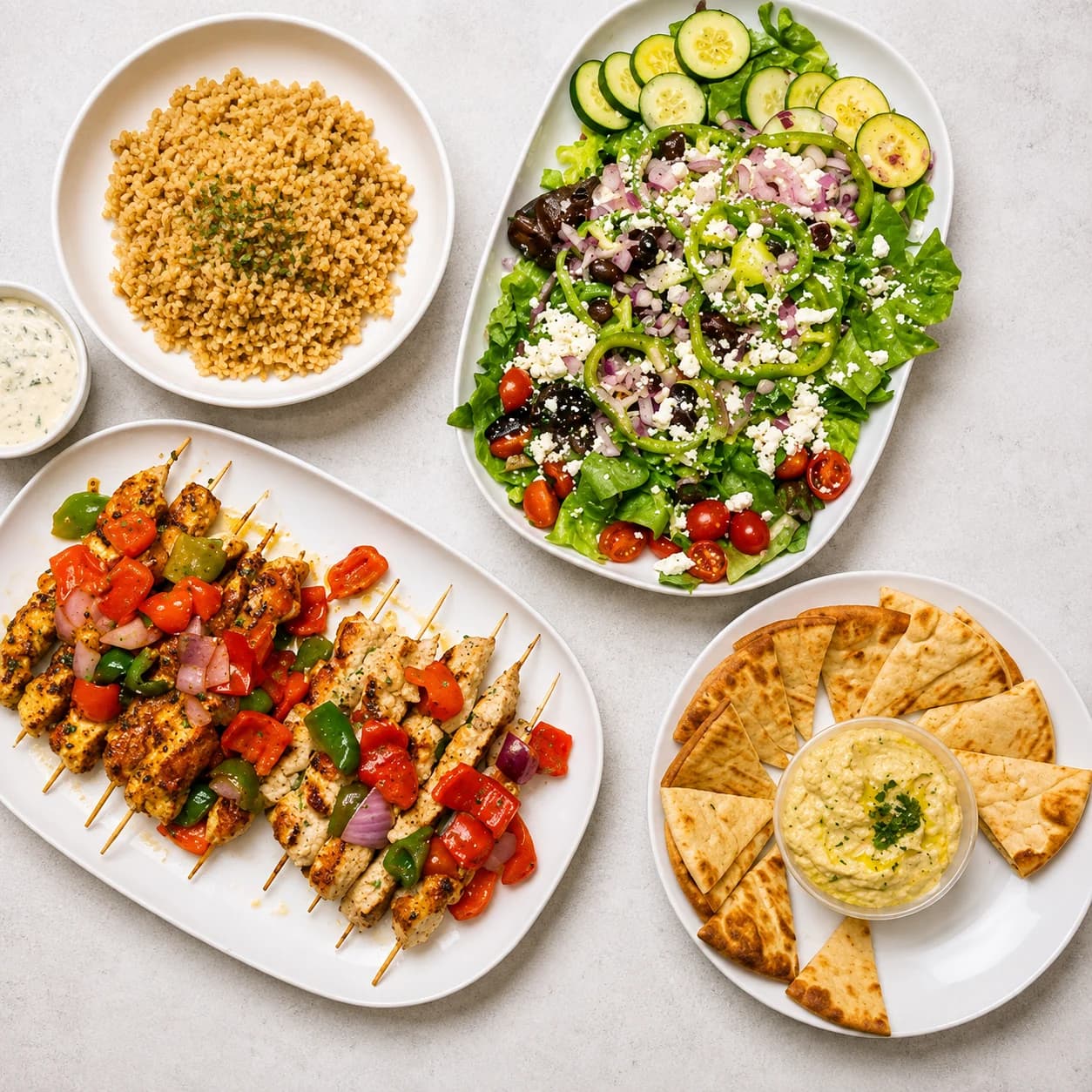 A Brocheta catering spread — chicken kabobs, Greek salad, seasoned rice, and hummus with warm pita
